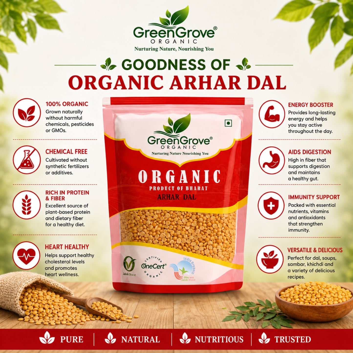 GreenGrove Organic Arhar Dal - Premium Blend of Lentils