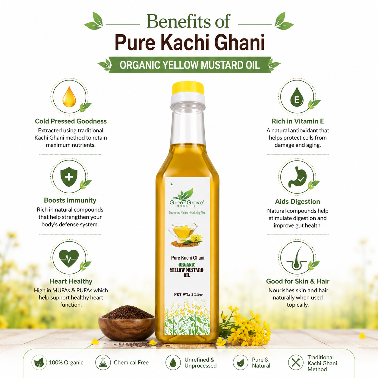 GreenGrove Organic Yellow Mustard Oil 1 Ltr