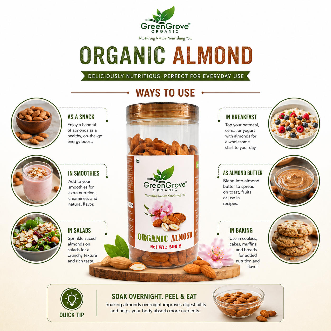 GreenGrove Organic Almond 500 gm