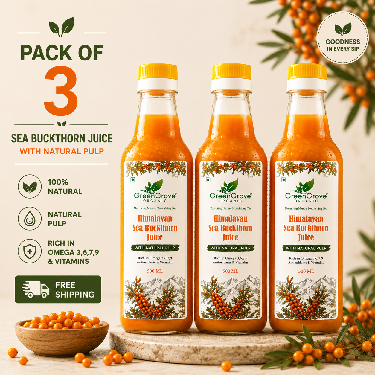 Himalayan Sea Buckthorn Juice Pack of 3 | 1.5 L (3 × 500 ML) | Wellness Saver